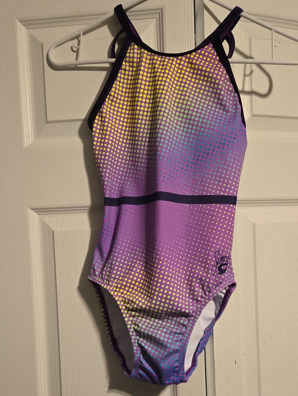 Purple GK Simone Gymnastics Leo with Yellow & Blue Dot Fade